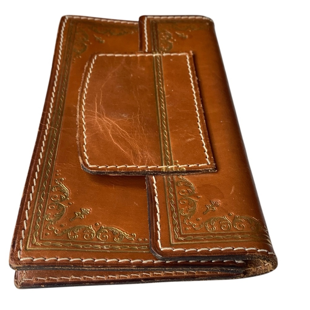 Embassy Made In Italy Vintage Brown Genuine Leather Wallet Clutch Gold Scrolling - Picture 4 of 7